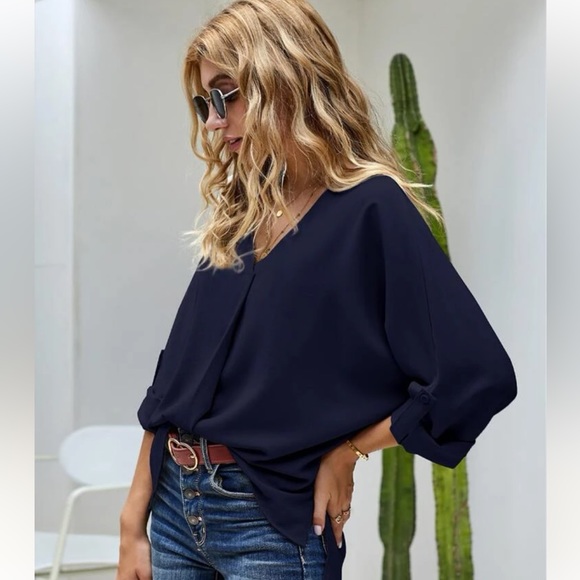 Roll-Up Sleeve V-Neck Blouse - Picture 3 of 5